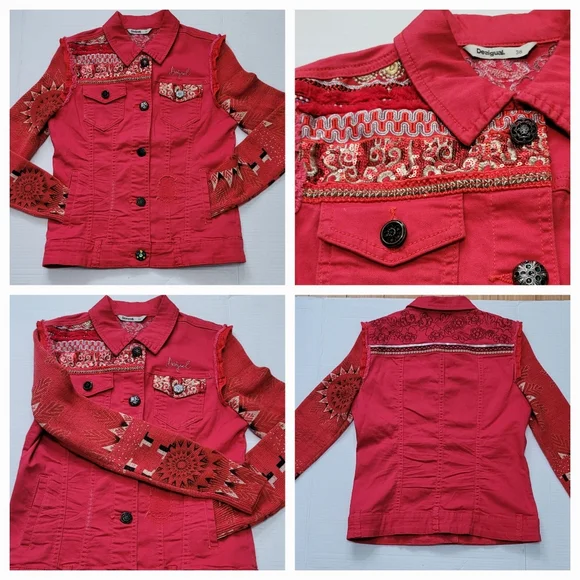 Desigual Red Embroidered Jean Jacket with Patterned Sleeves / 38 - Picture 2 of 10